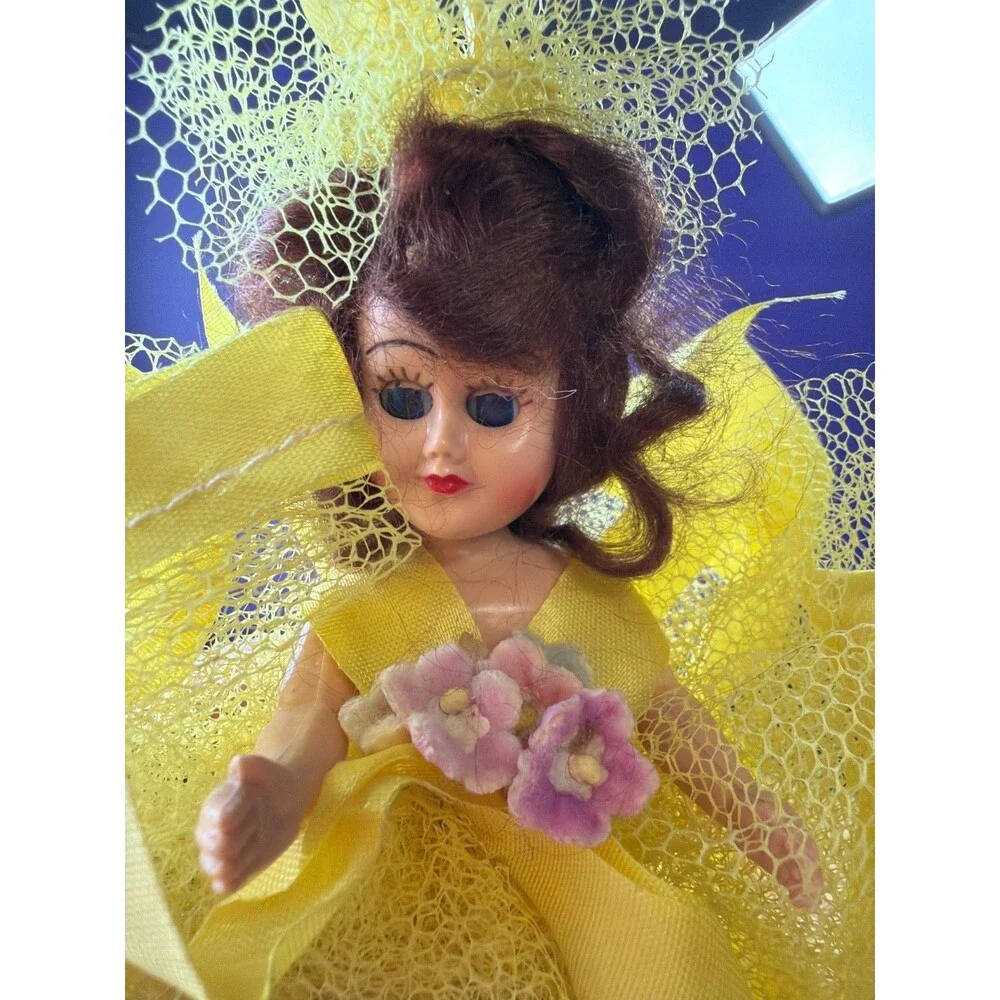 Vintage Sleep Eye Doll Yellow‎ Tulle Dress Brunette Hard Plastic 6.5